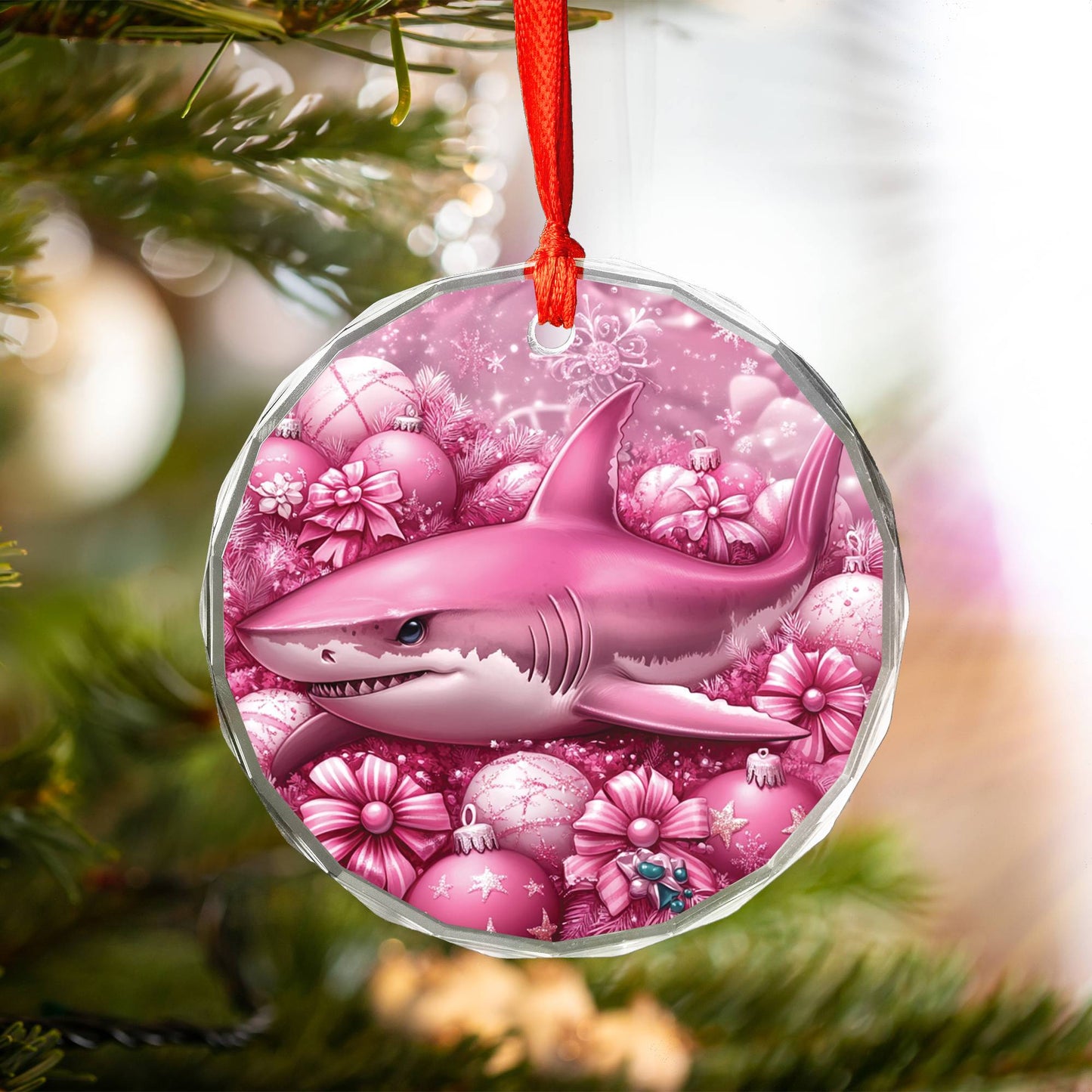 Shark Pink Christmas Design 2 Glass Ornament