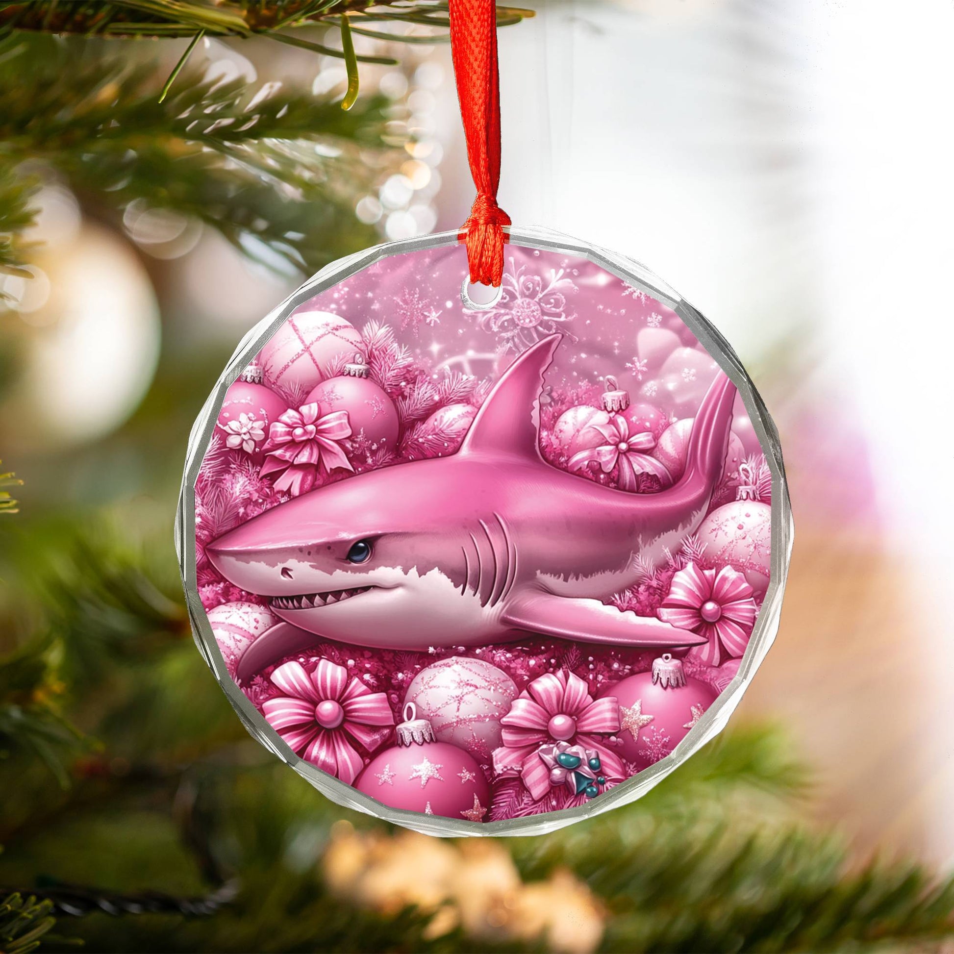 Shark Pink Christmas Design 2 Glass Ornament