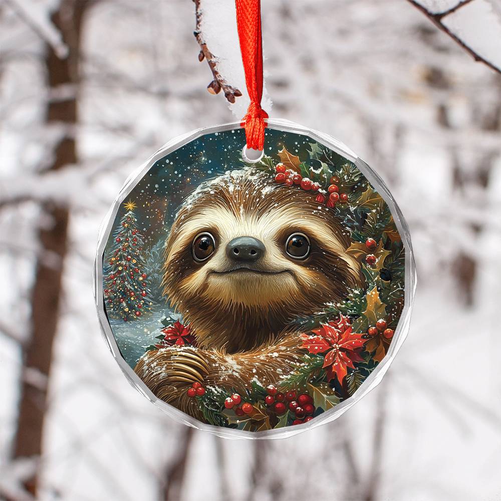 Beautiful Angus Sloth Christmas Night Design 3 Glass Ornament