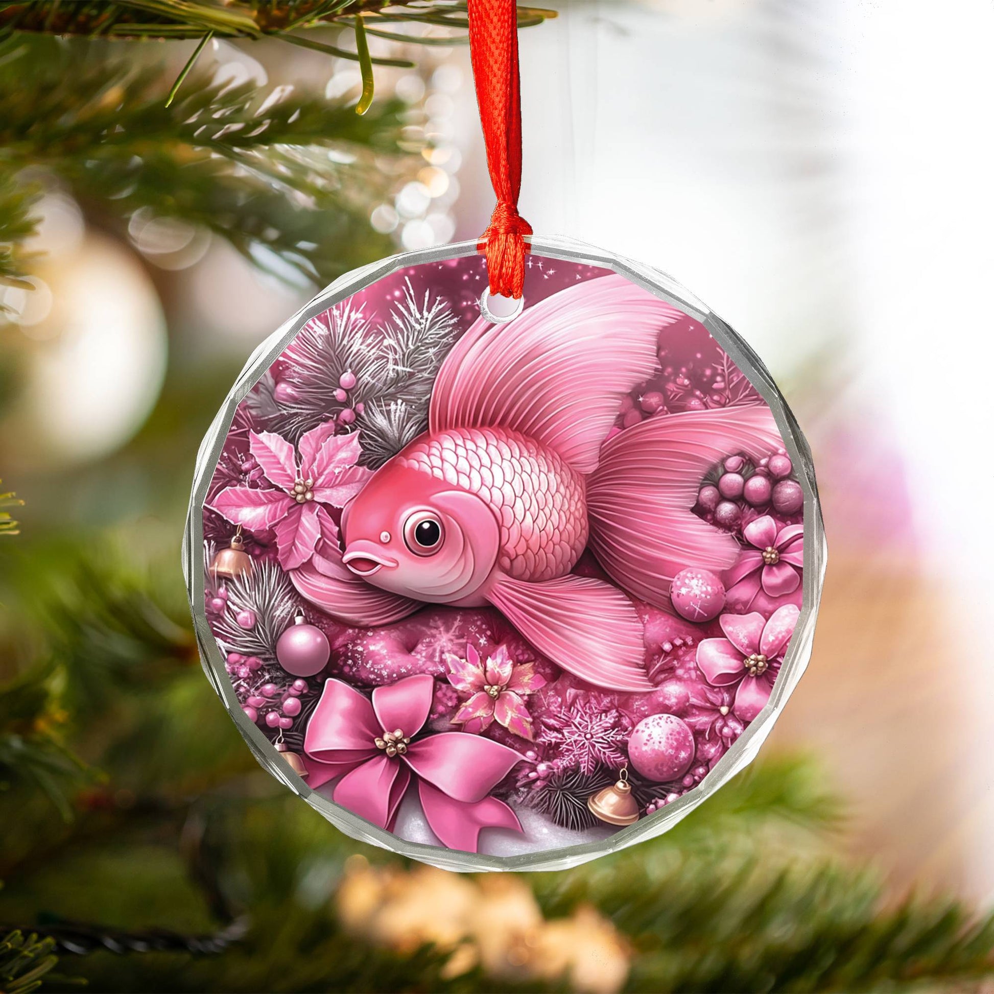 Goldfish Pink Christmas Design 3 Glass Ornament