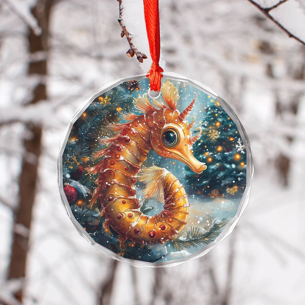 Beautiful Angus Seahorse Christmas Night Design 1 Glass Ornament