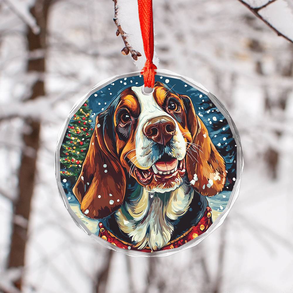 Beautiful Bassett Hound Dog Christmas Night Design 2 Glass Ornament