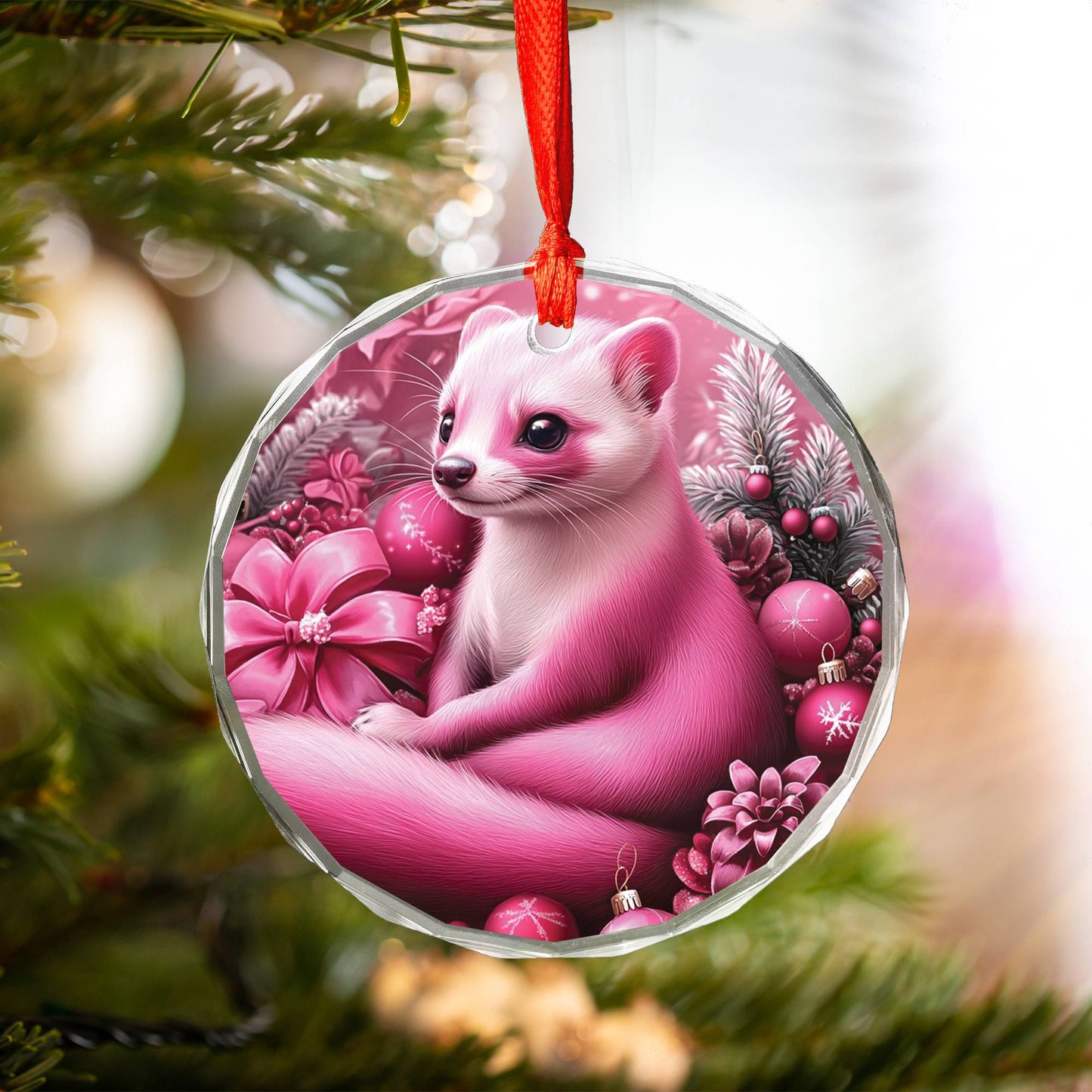Ferret Pink Christmas Design 2 Glass Ornament