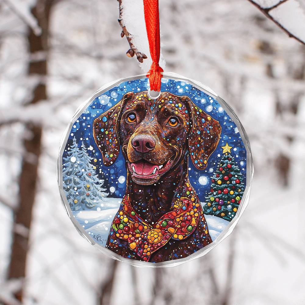 Beautiful Angus German Shorthaired Pointer Dog Christmas Night Design 2 Glass Ornament