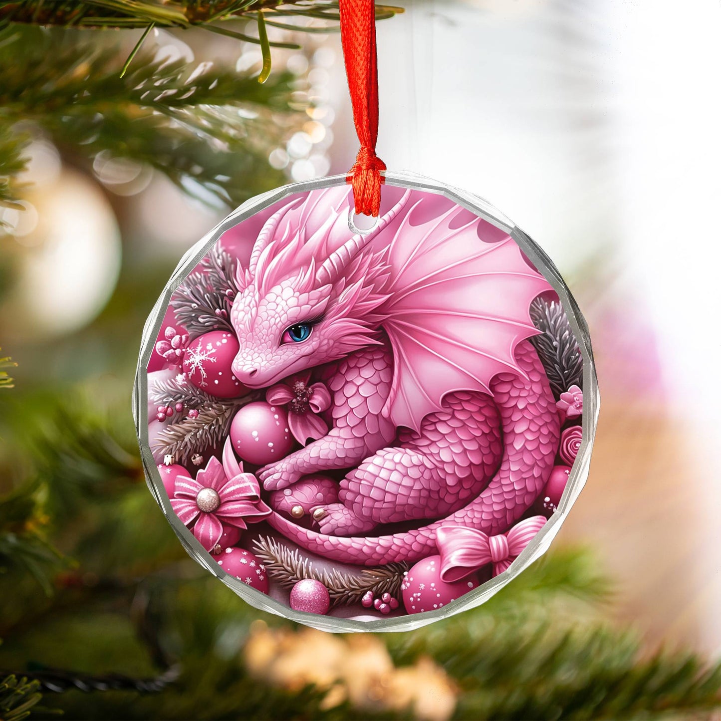 Dragon Pink Christmas Design 3 Glass Ornament