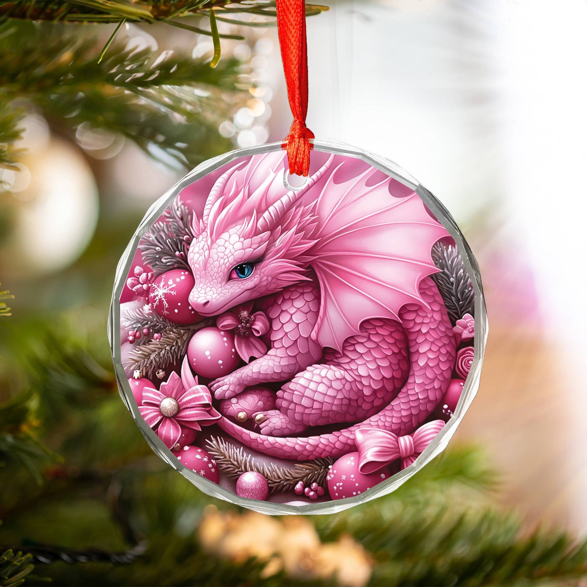 Dragon Pink Christmas Design 3 Glass Ornament