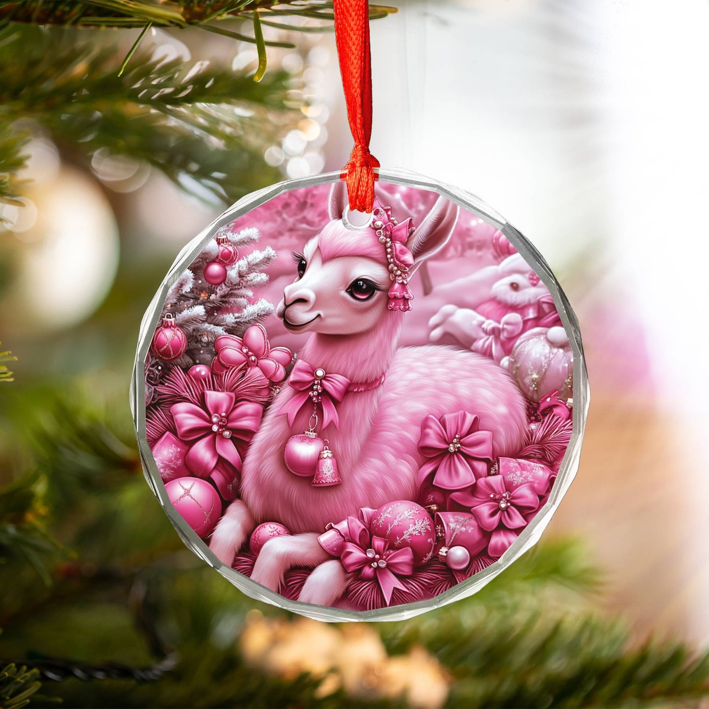 Llama Pink Christmas Design 1 Glass Ornament