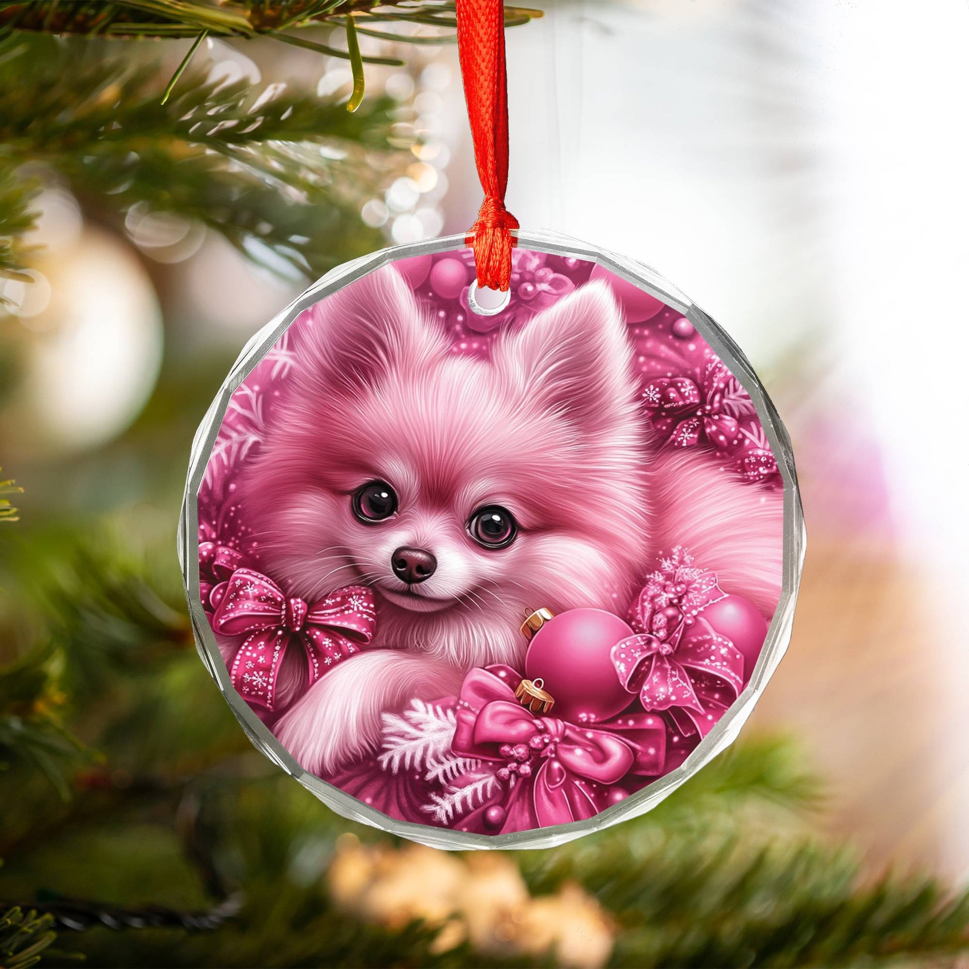 Pomeranian Dog Pink Christmas Design 3 Glass Ornament
