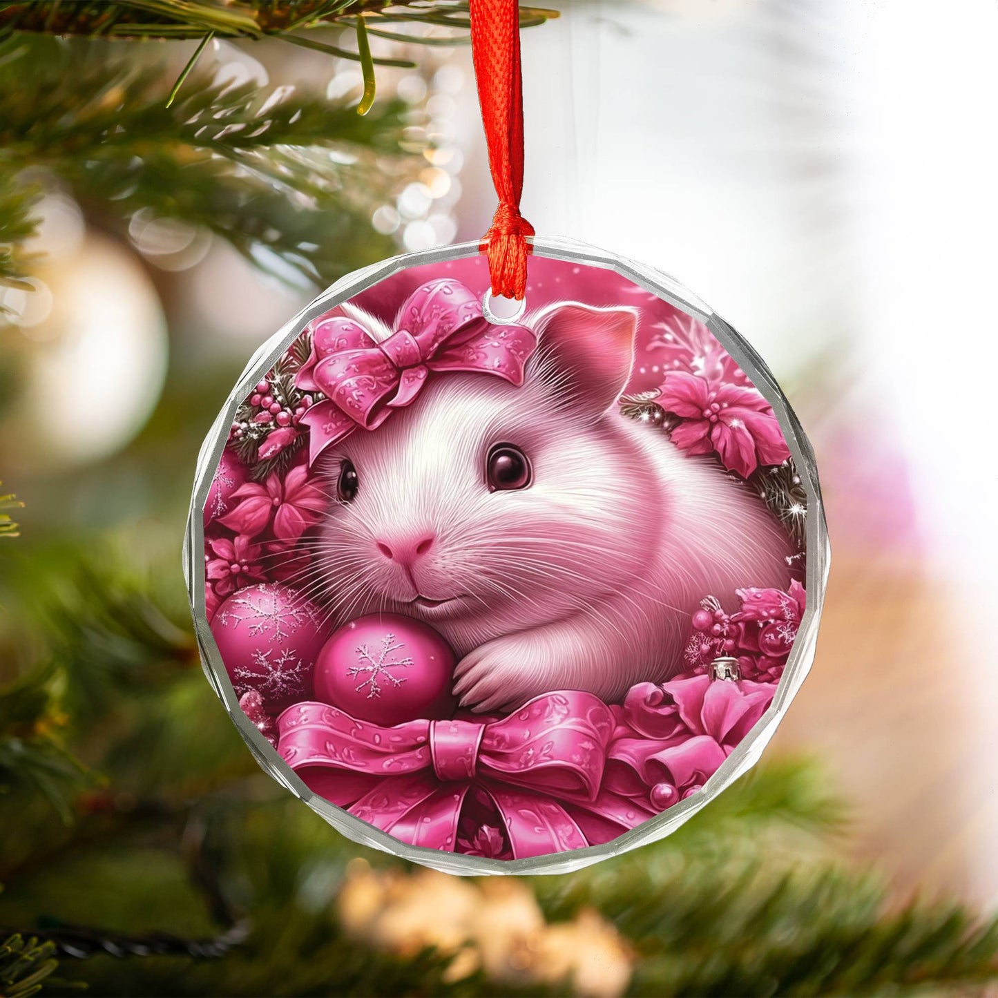 Guinea Pig Pink Christmas Design 2 Glass Ornament