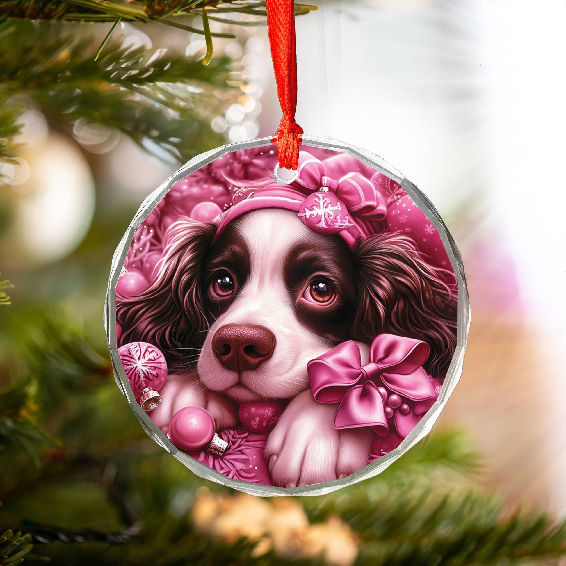 English Springer Spaniel Dog Pink Christmas Design 1 Glass Ornament