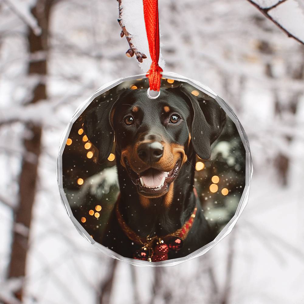 Beautiful Angus Doberman Pinscher Dog Christmas Night Design 2 Glass Ornament