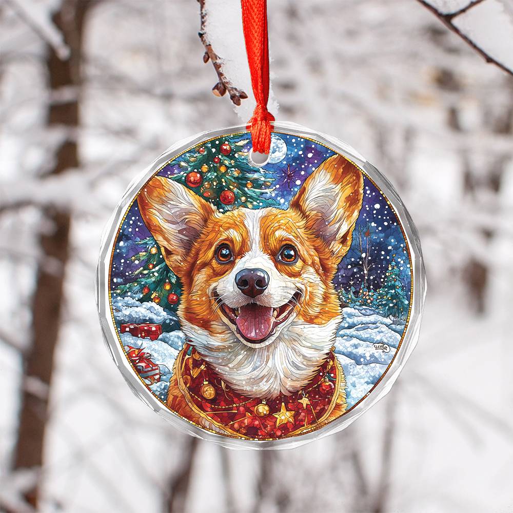 Beautiful Angus Corgi Dog Christmas Night Design 4 Glass Ornament