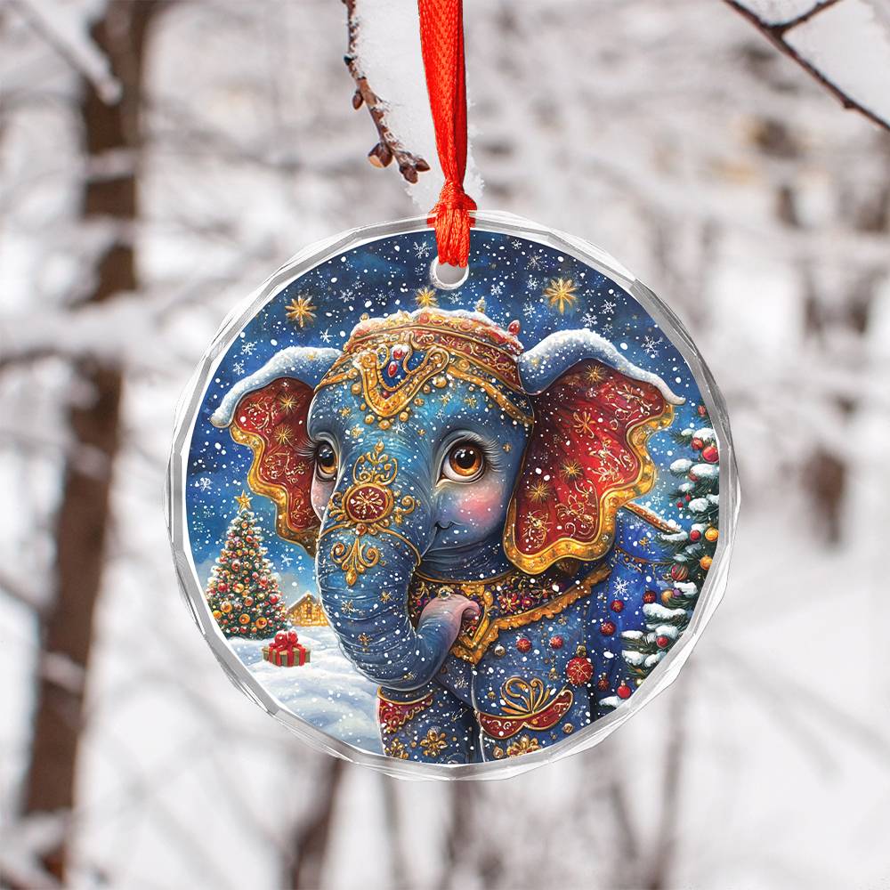 Beautiful Elephant Christmas Night Design 3 Glass Ornament