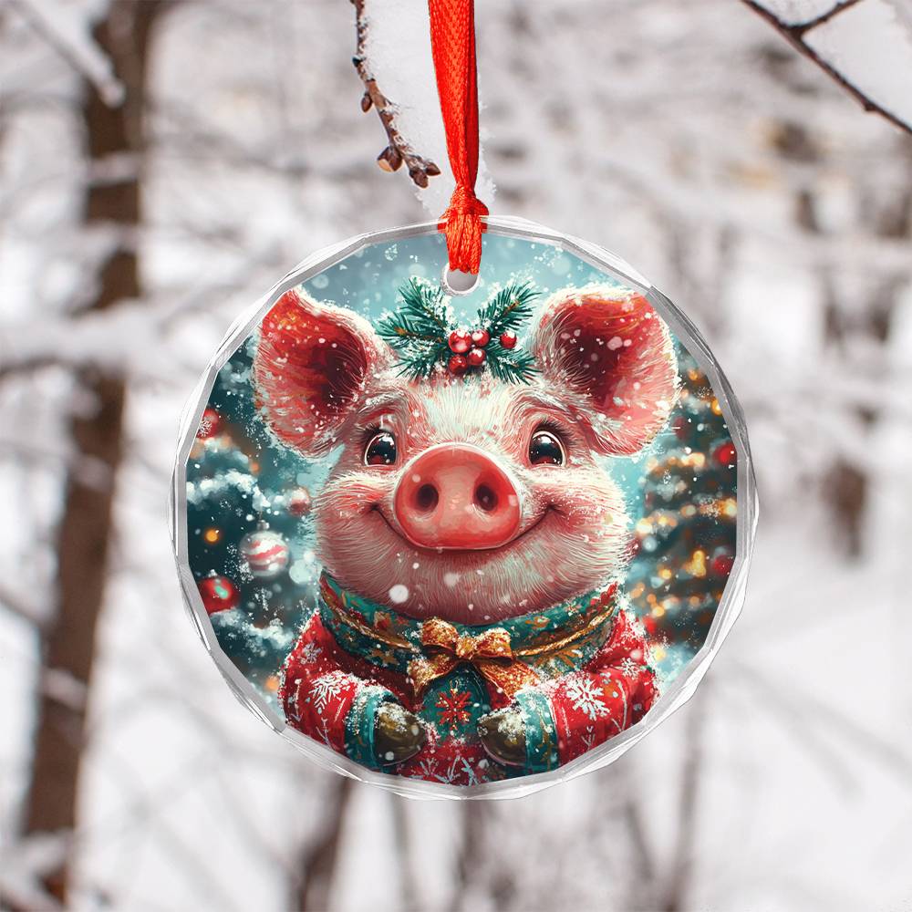 Beautiful Pig Christmas Night Design 4 Glass Ornament
