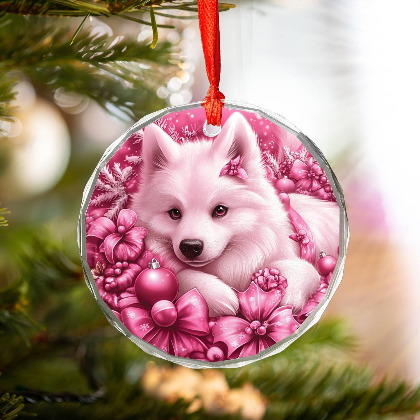 Samoyed Dog Pink Christmas Design 3 Glass Ornament