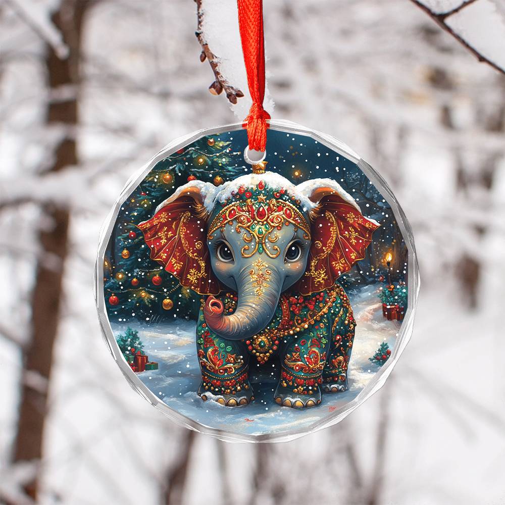 Beautiful Elephant Christmas Night Design 4 Glass Ornament