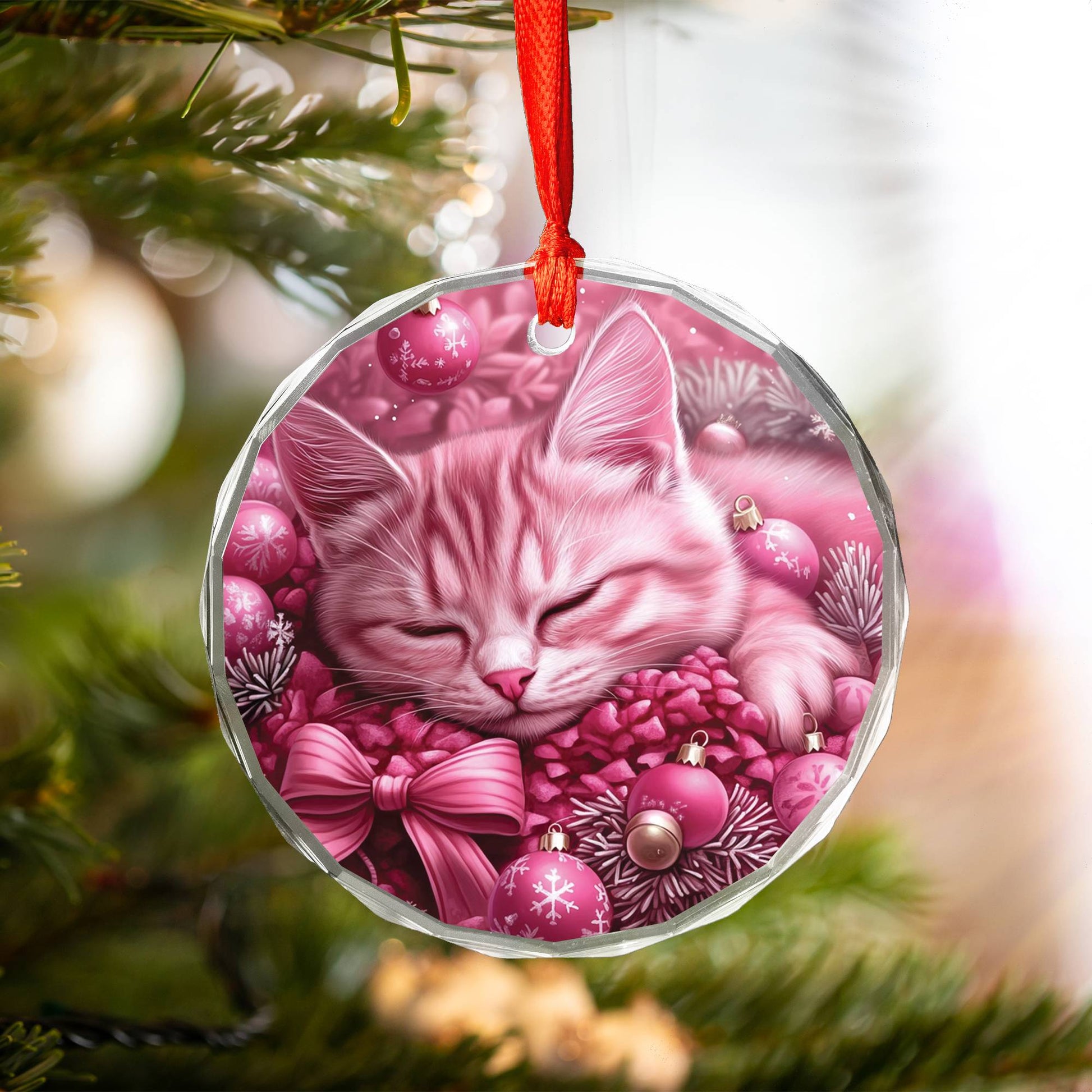 American Shorthair Pink Christmas Design 1 Glass Ornament