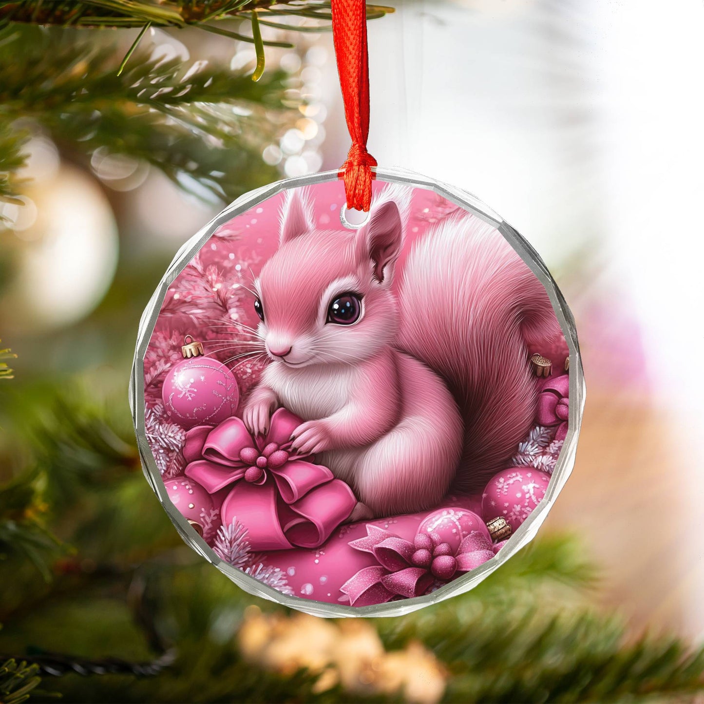 Squirrel Pink Christmas Design 2 Glass Ornament