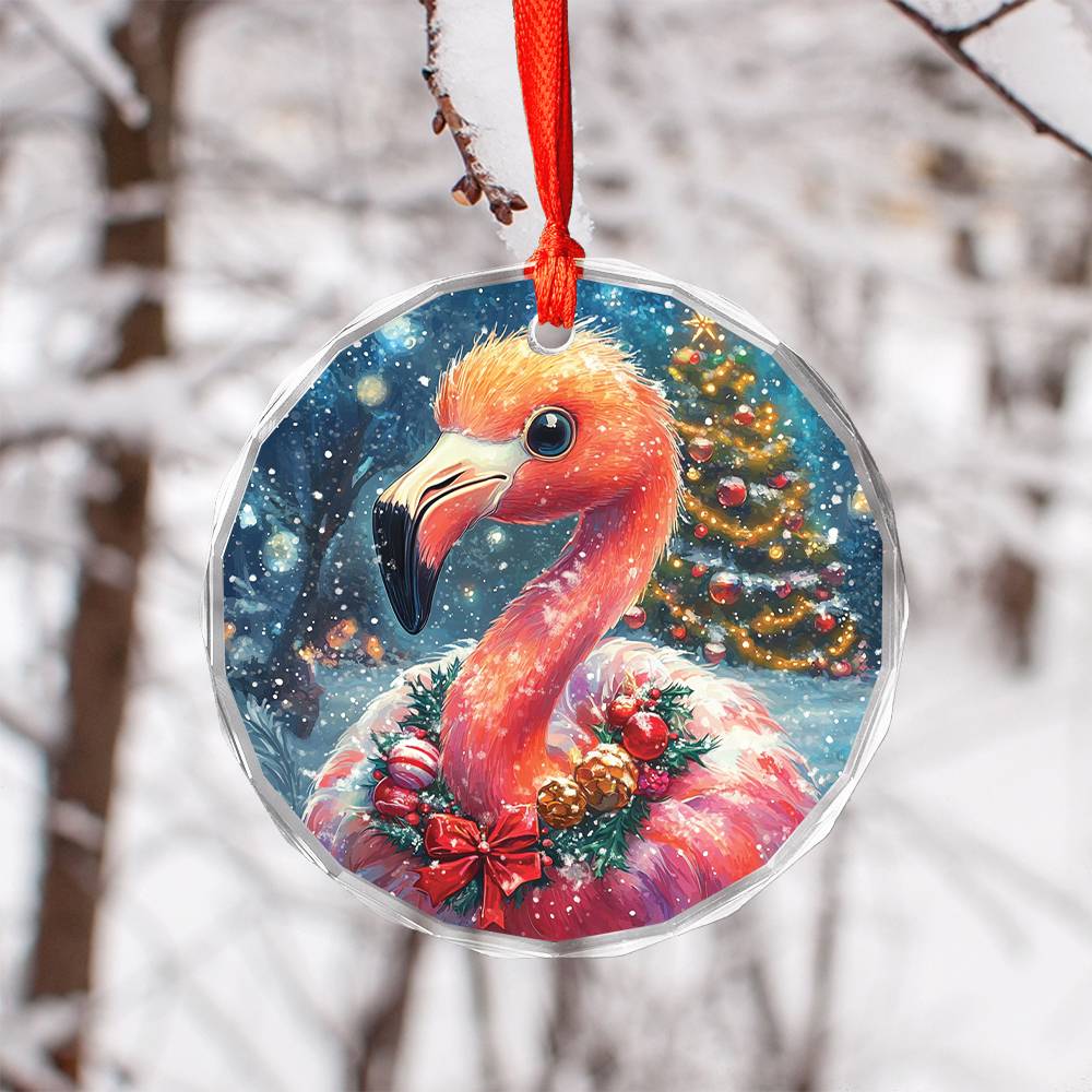 Beautiful Flamingo Christmas Night Design 2 Glass Ornament