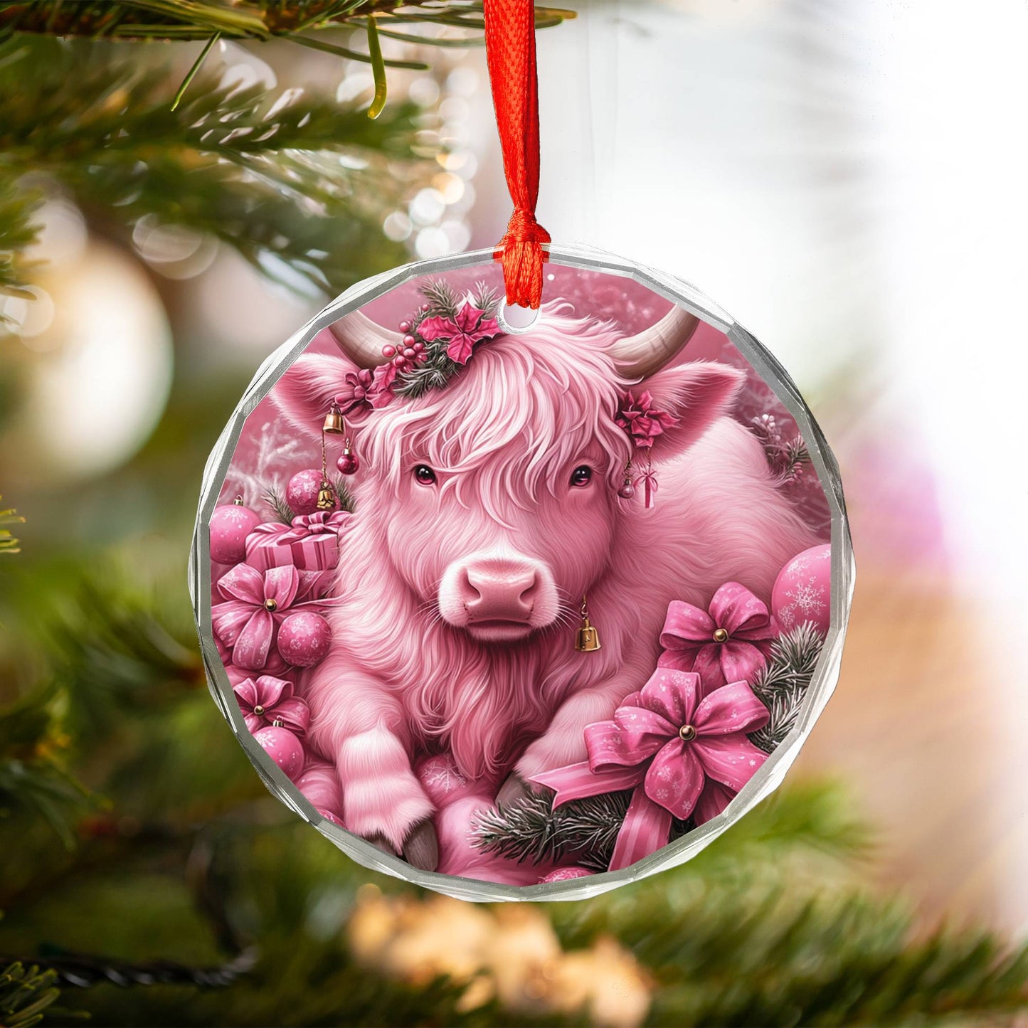 Highland Cow Pink Christmas Design 4 Glass Ornament