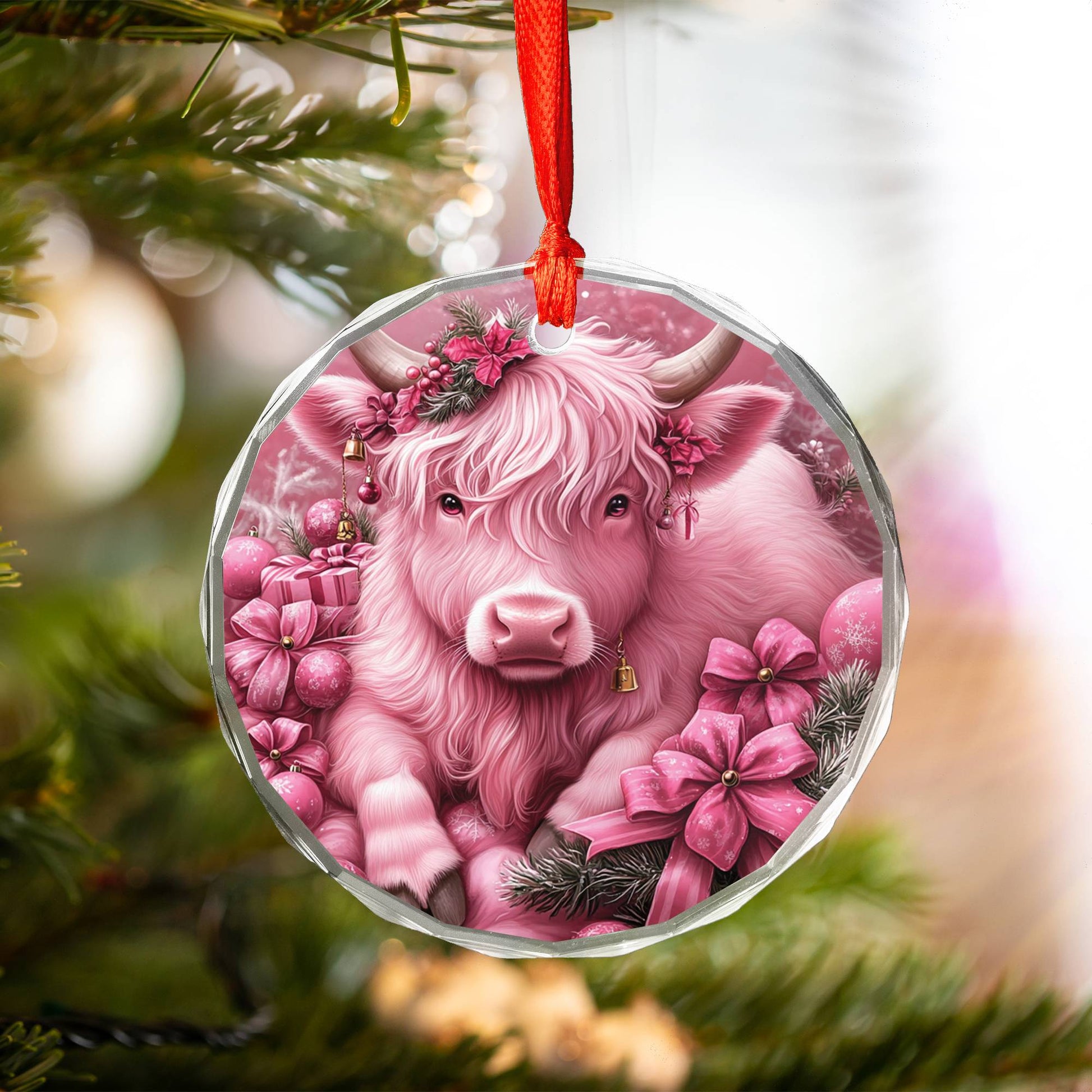 Highland Cow Pink Christmas Design 4 Glass Ornament
