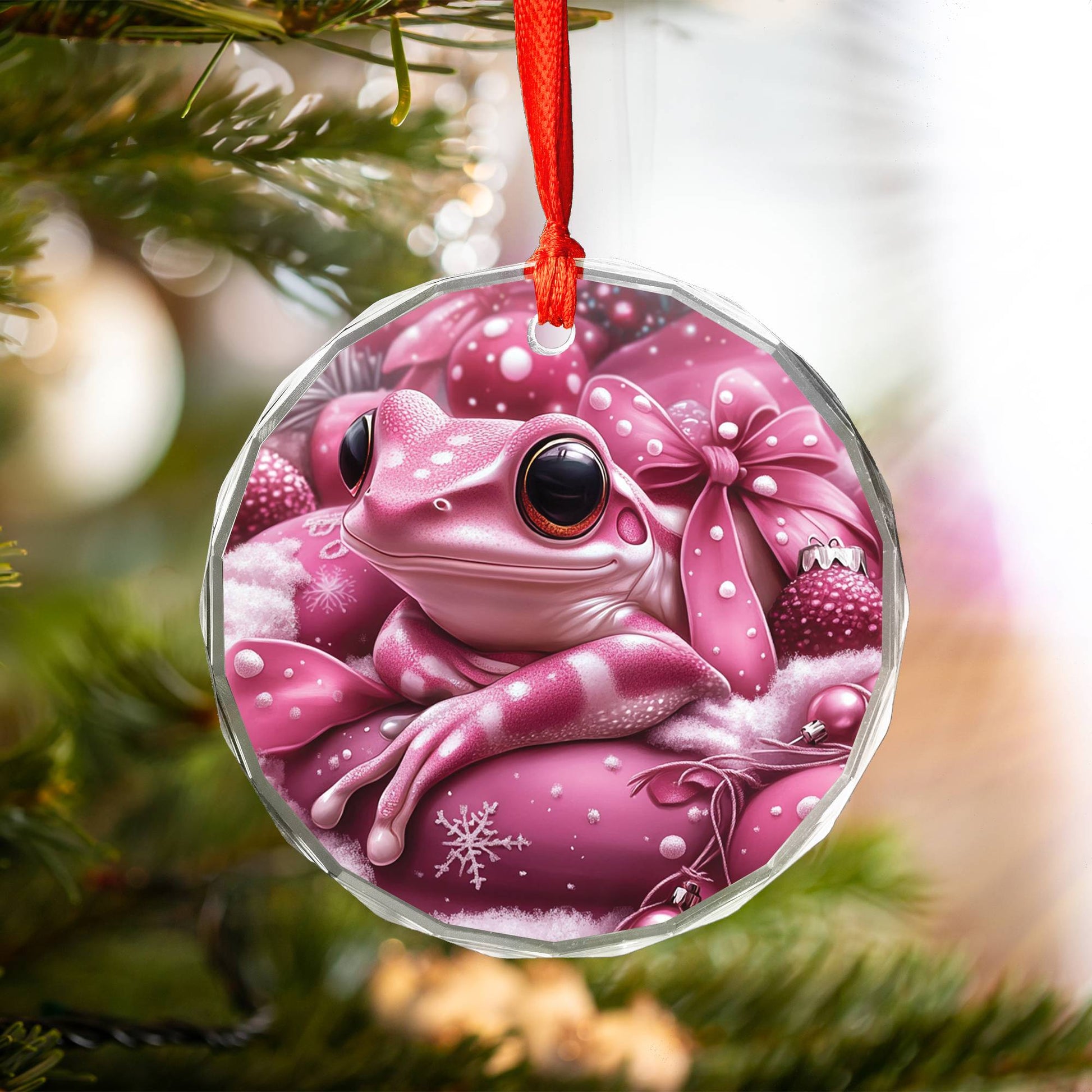 Frog Pink Christmas Design 1 Glass Ornament