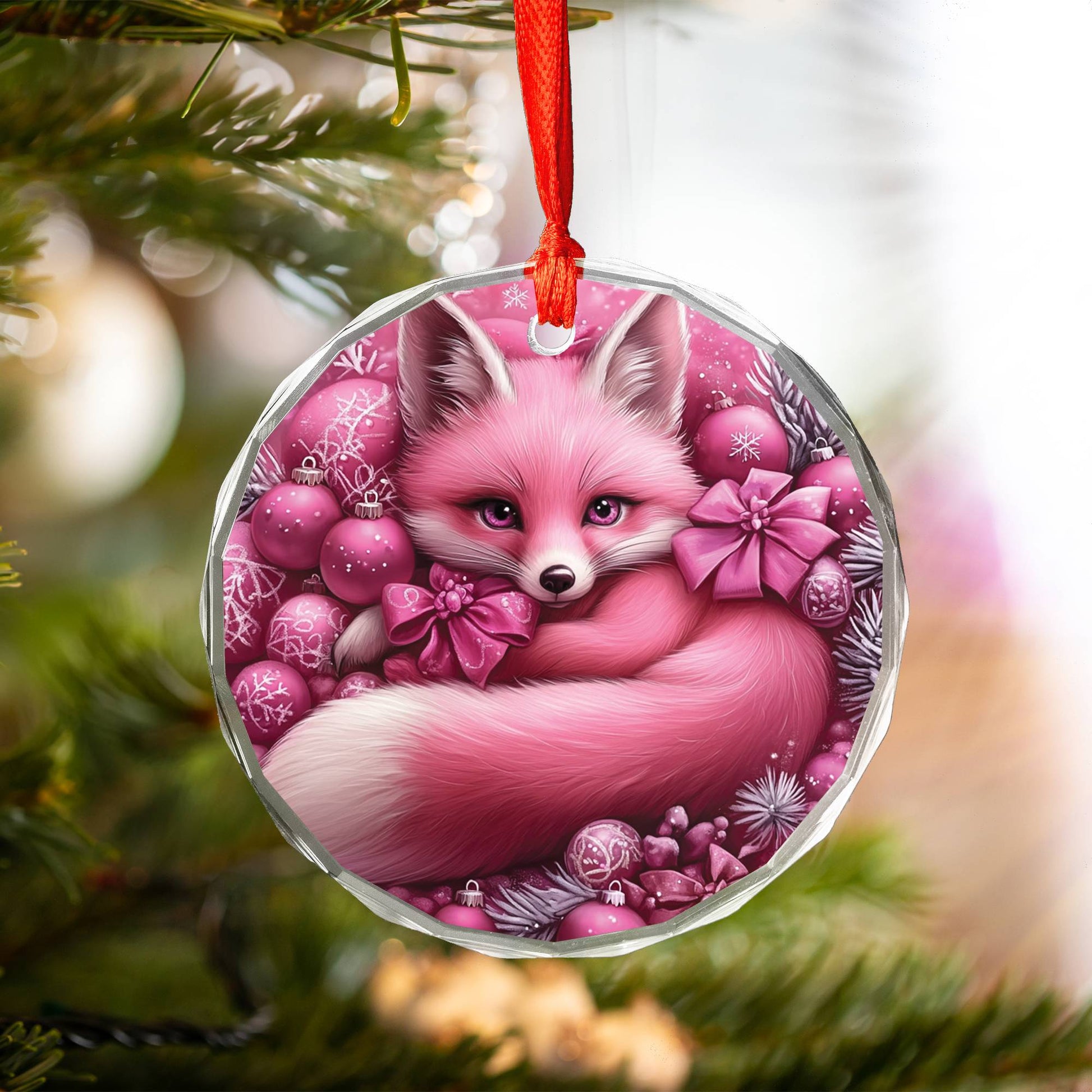 Fox Pink Christmas Design 1 Glass Ornament
