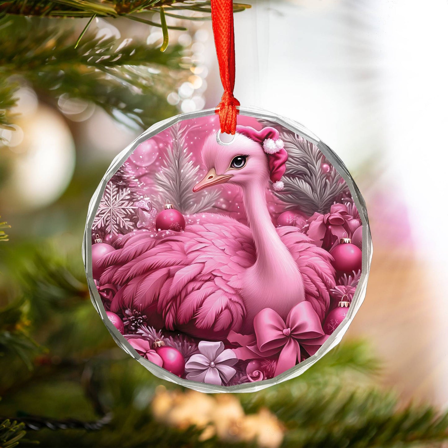 Ostrich Pink Christmas Design 3 Glass Ornament