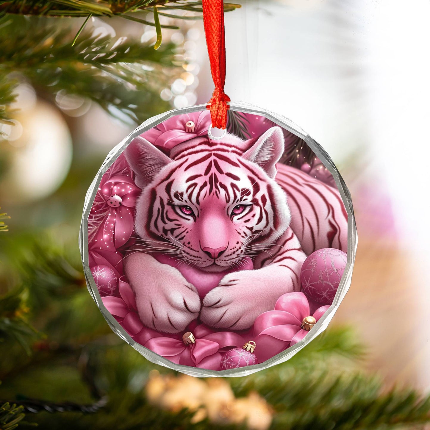 Tiger Pink Christmas Design 2 Glass Ornament
