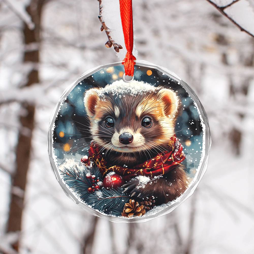 Beautiful Ferret Christmas Night Design 3 Glass Ornament