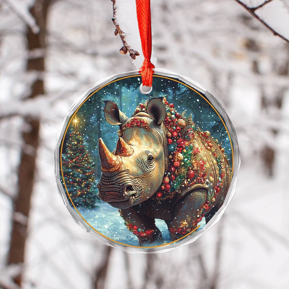 Beautiful Rhino Christmas Night Design 1 Glass Ornament