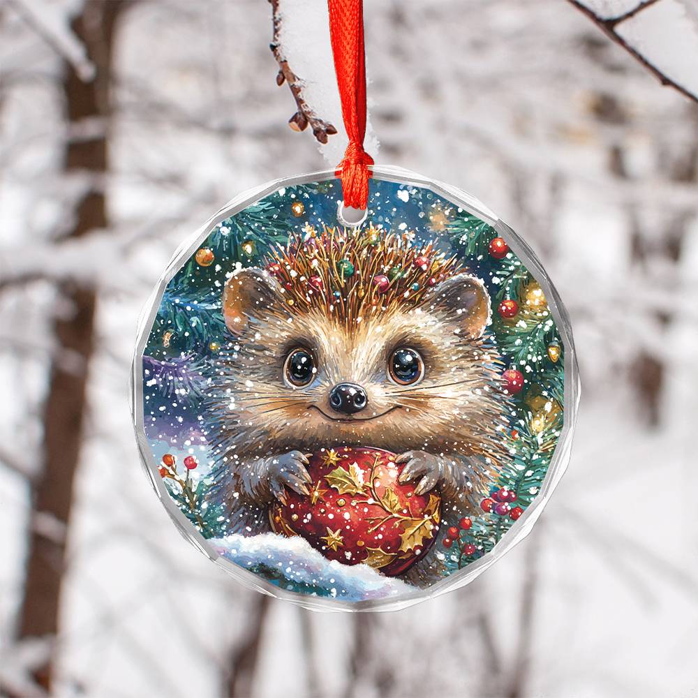 Beautiful Angus Hedgehog Christmas Night Design 3 Glass Ornament