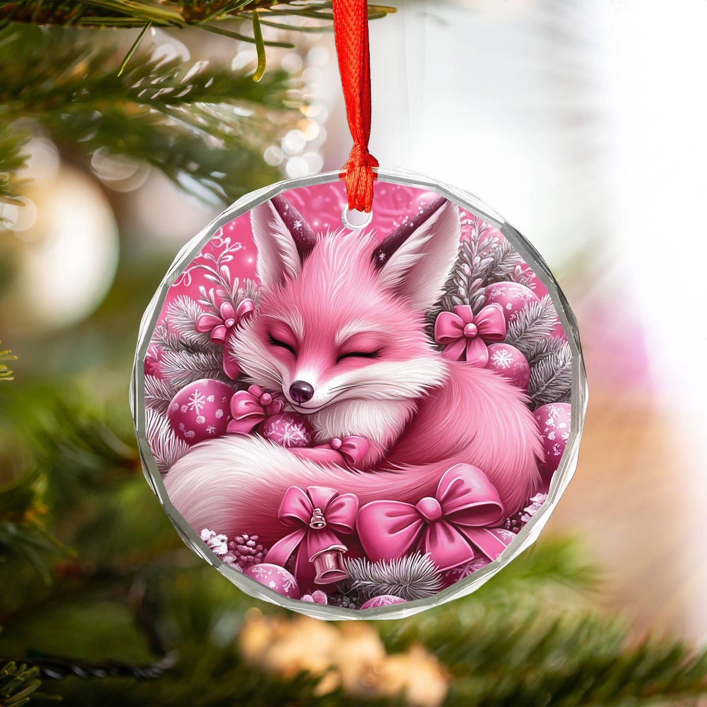 Fox Pink Christmas Design 3 Glass Ornament
