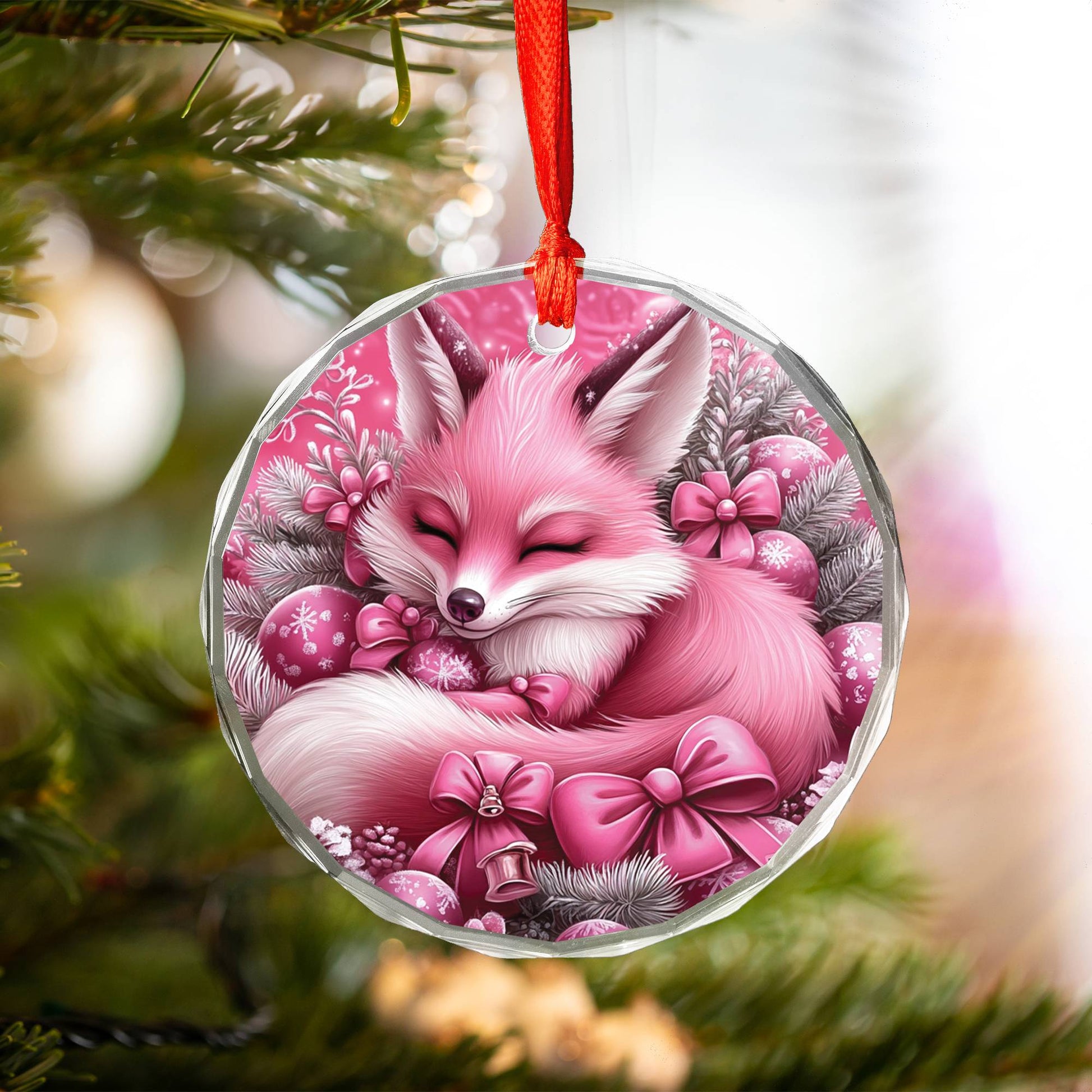 Fox Pink Christmas Design 3 Glass Ornament