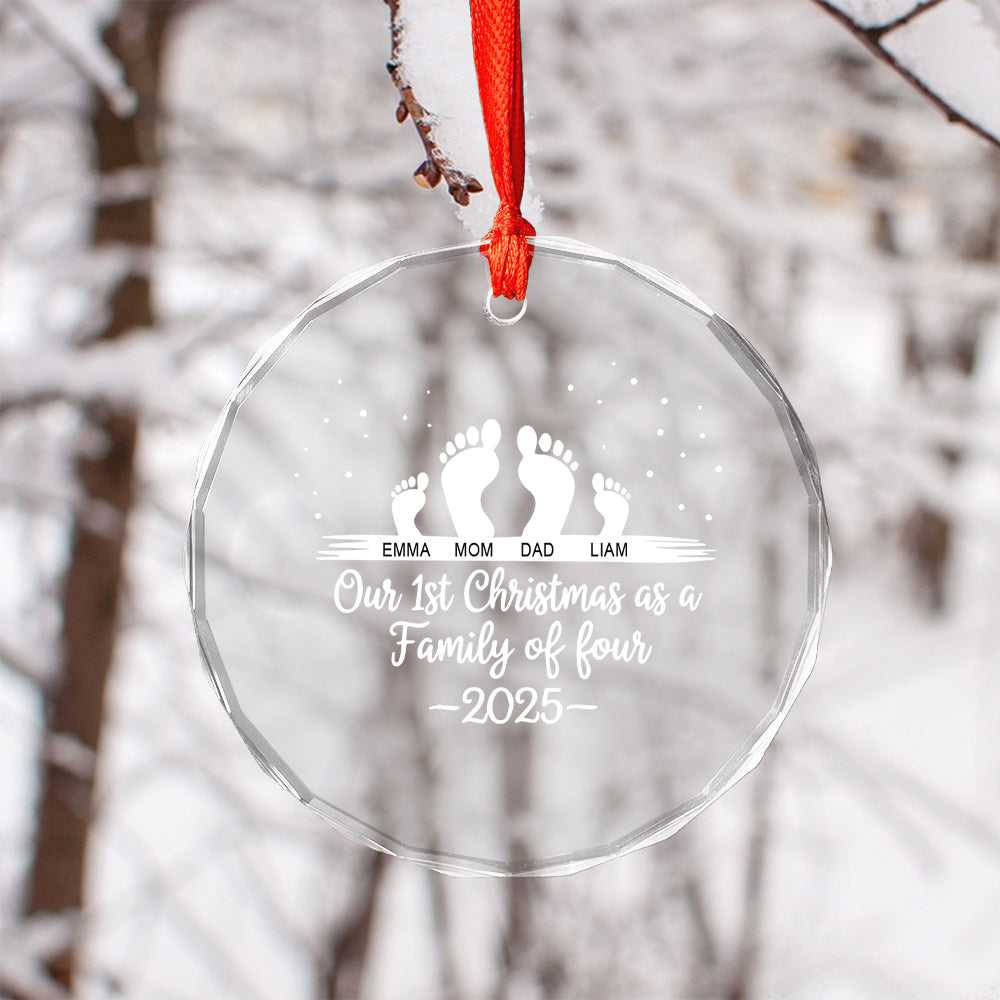 First Christmas As A Family Of Four Footprints - Personalized Heart Shaped Glass Ornament