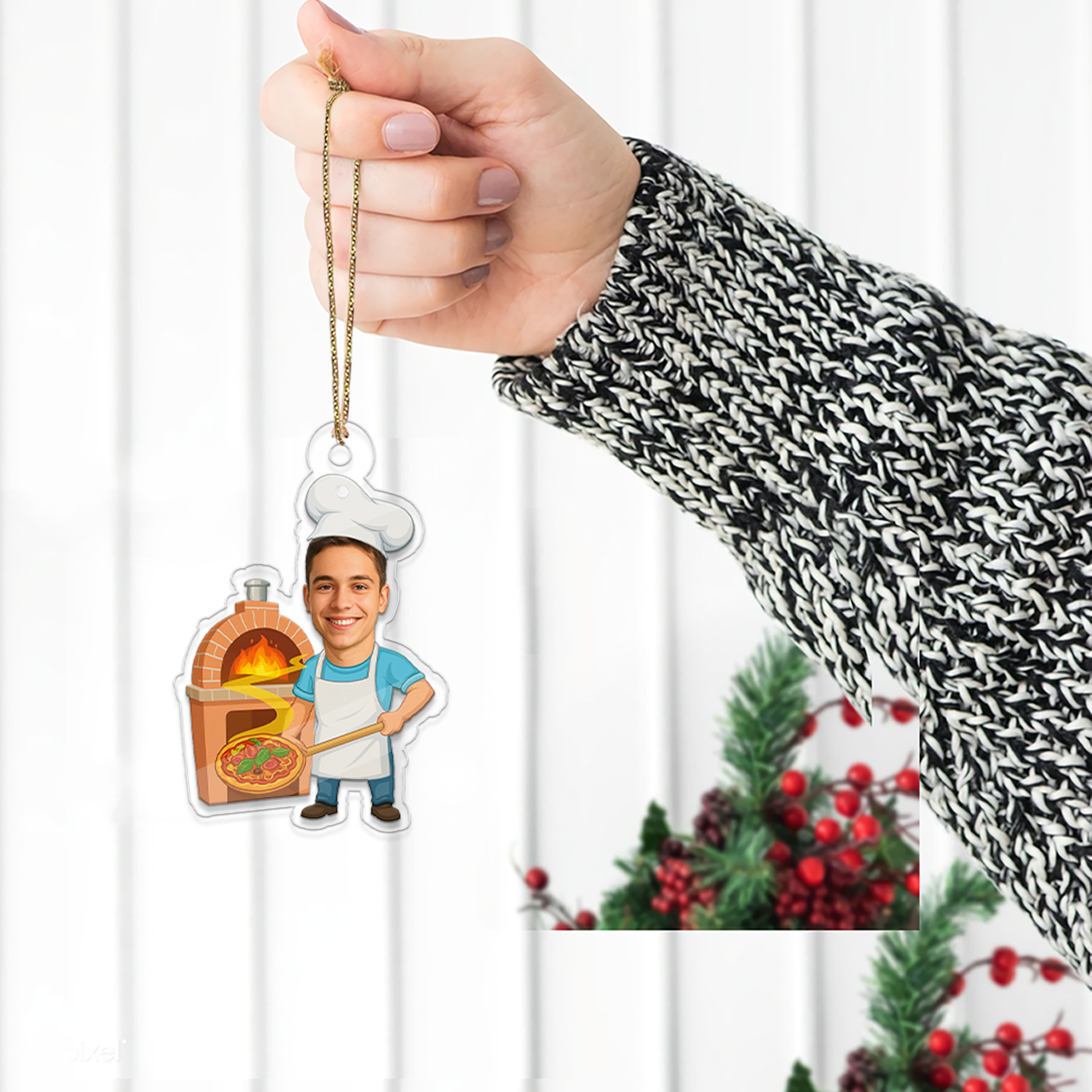 Custom Photo Pizza Maker Ornament, Personalized Photo Baker Portrait, Pizza Lovers Christmas Ornament