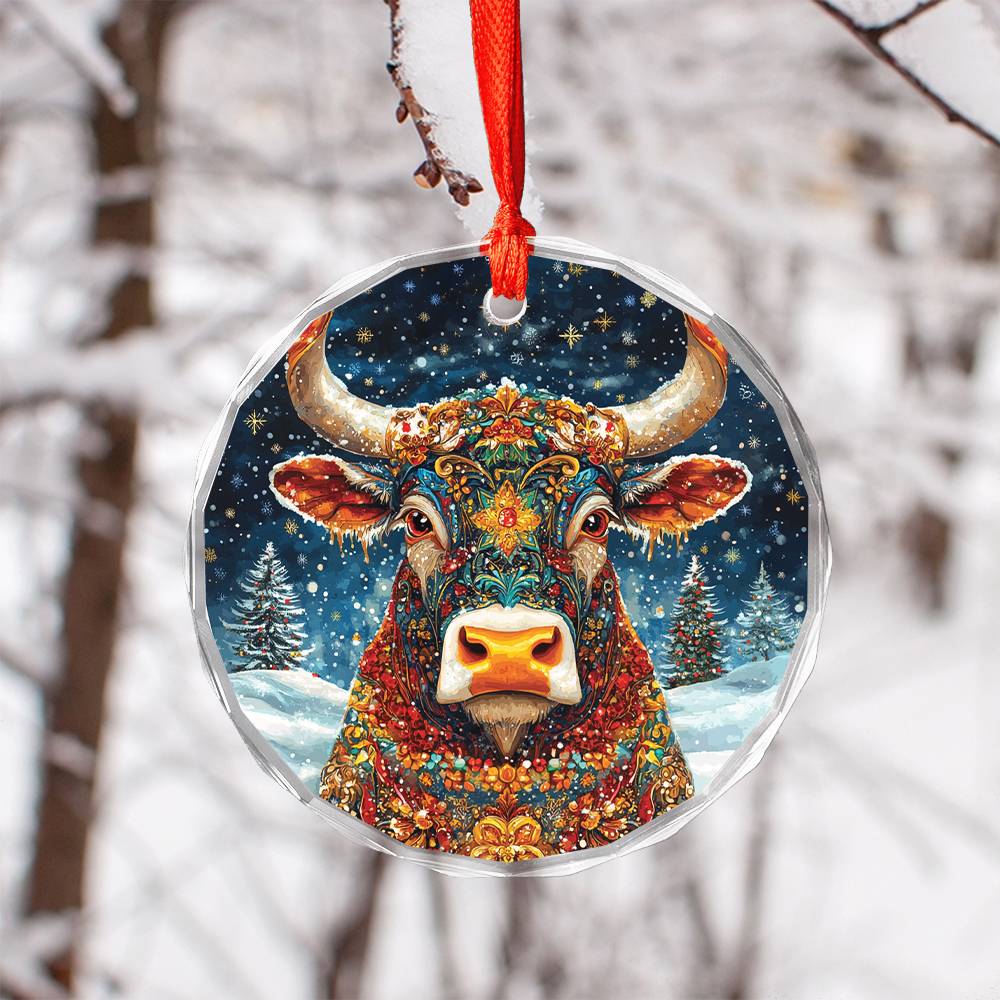 Beautiful Bull Christmas Night Design 3 Glass Ornament