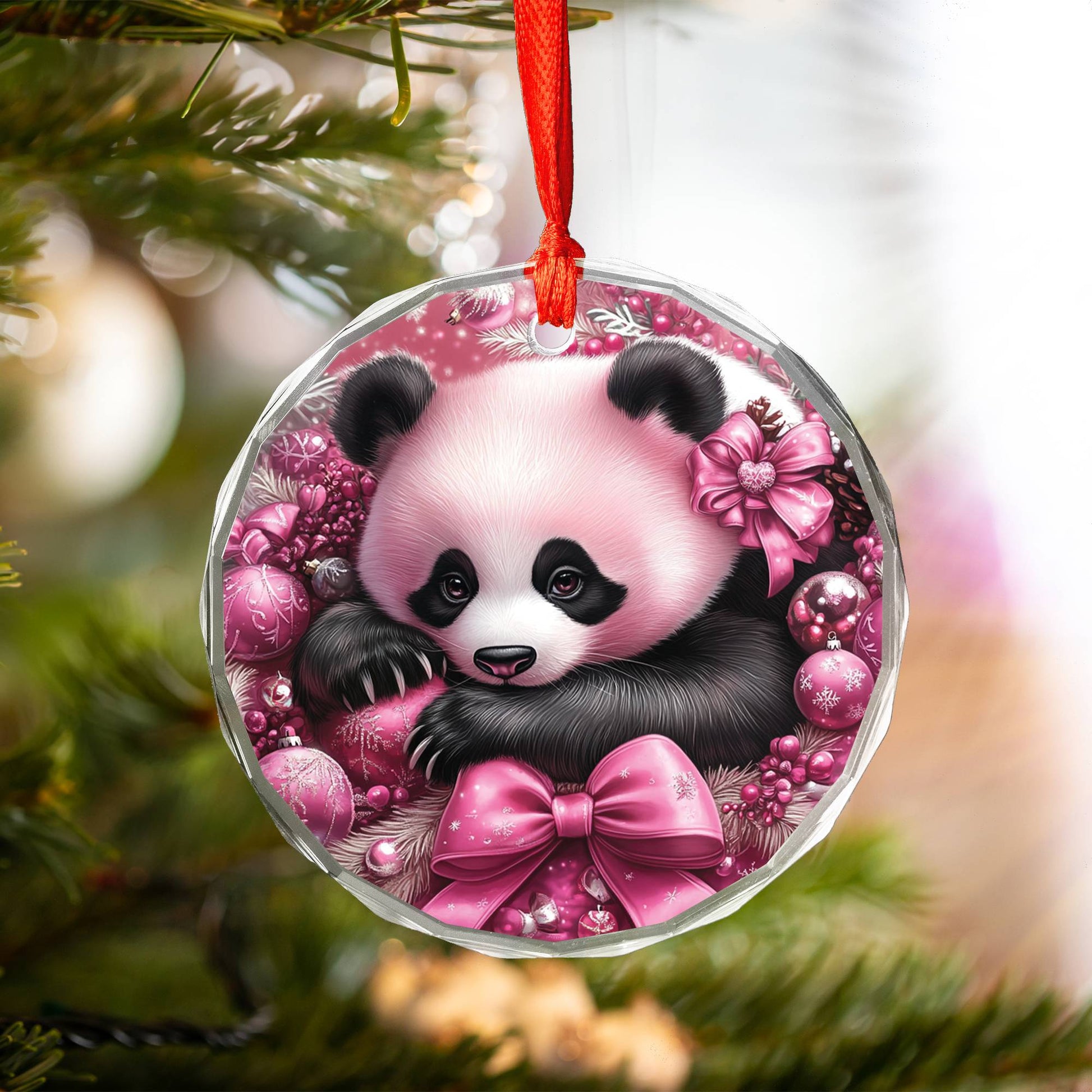Panda Pink Christmas Design 1 Glass Ornament
