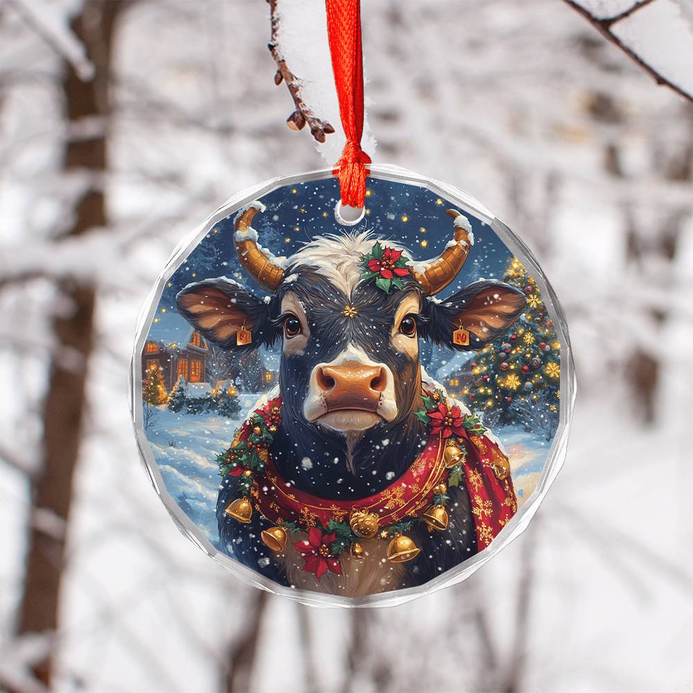 Beautiful Bull Christmas Night Design 1 Glass Ornament