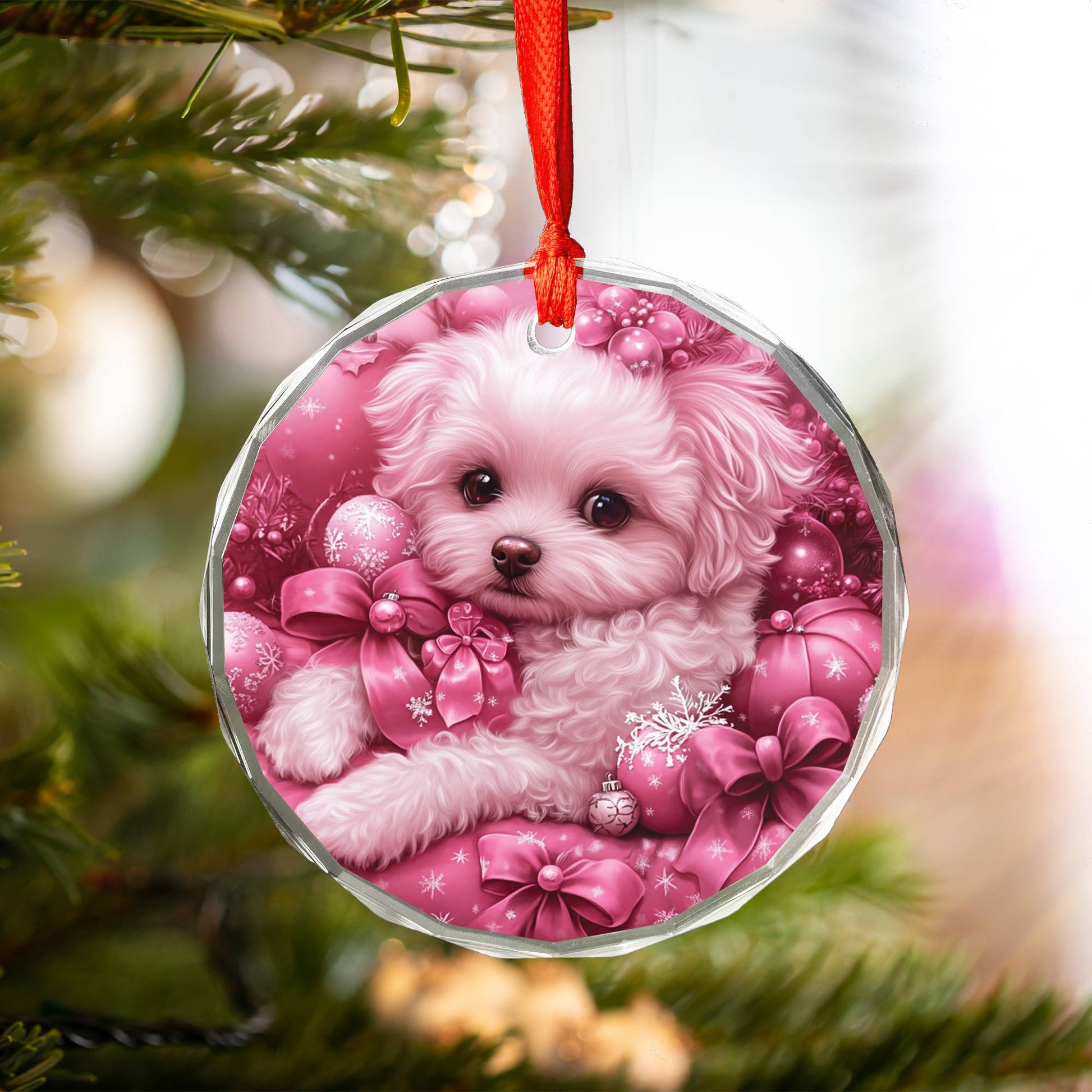 Bichon Frise Dog Pink Christmas Design 3 Glass Ornament