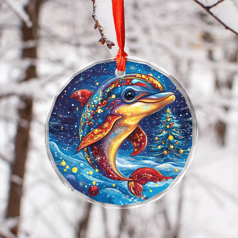 Beautiful Angus Dolphin Christmas Night Design 1 Glass Ornament