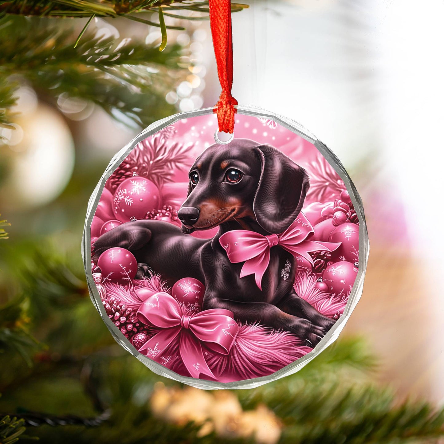 Dachshund Dog Pink Christmas Design 3 Glass Ornament