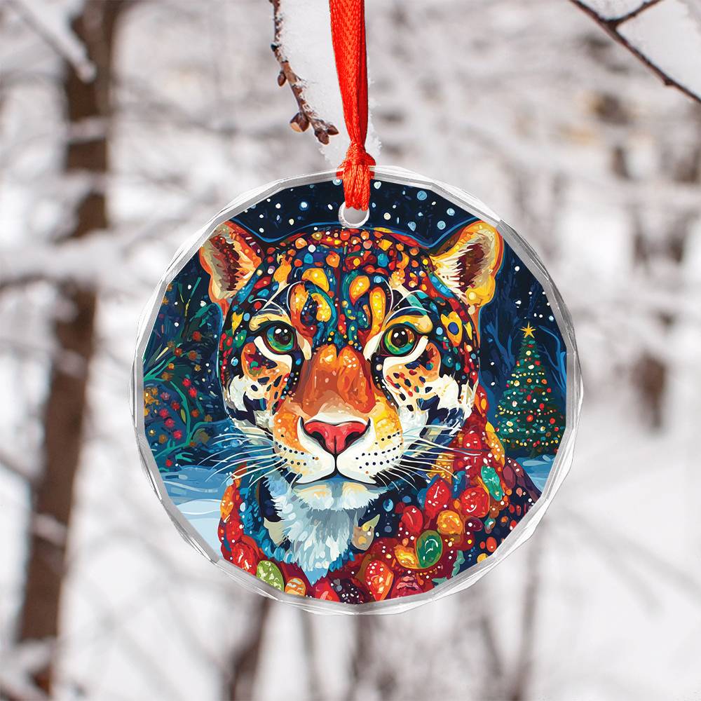 Beautiful Jaguar Christmas Night Design 2 Glass Ornament
