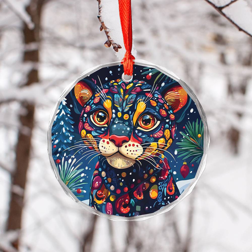 Beautiful Panther Christmas Night Design 3 Glass Ornament