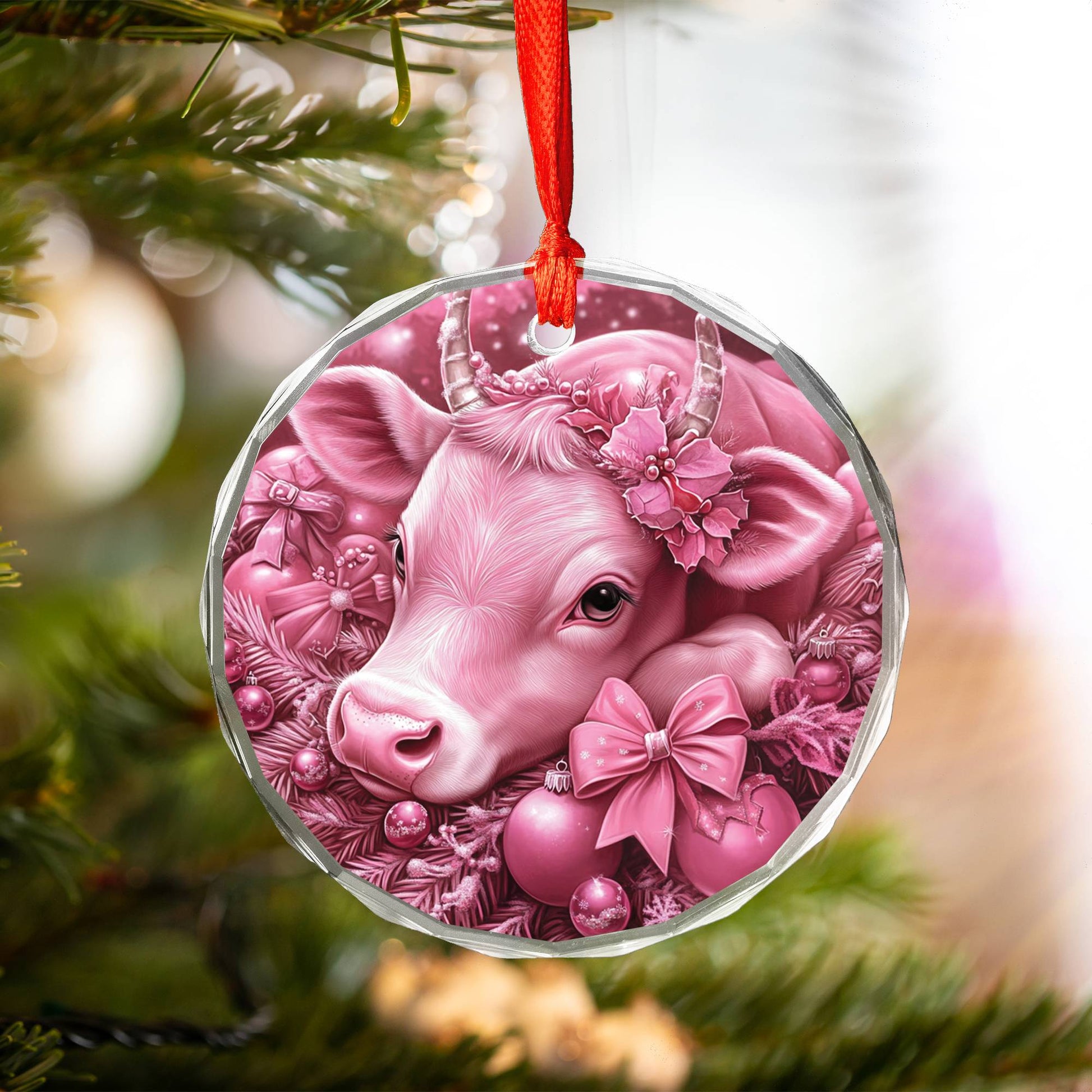 Hereford Cow Pink Christmas Design 2 Glass Ornament