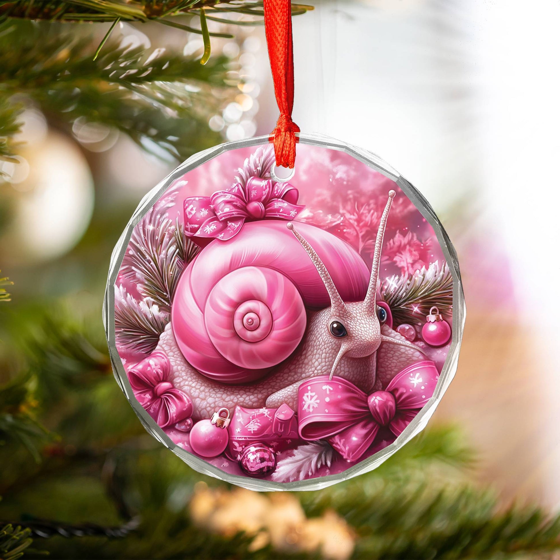 Snail Pink Christmas Design 1 Glass Ornament