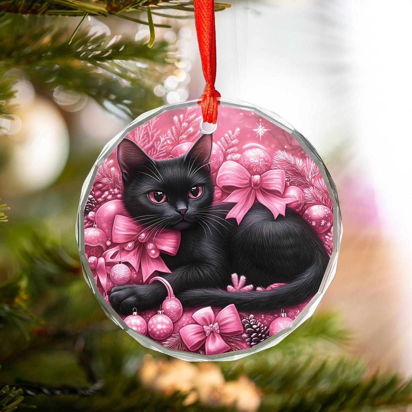 Bombay Cat Pink Christmas Design 2 Glass Ornament
