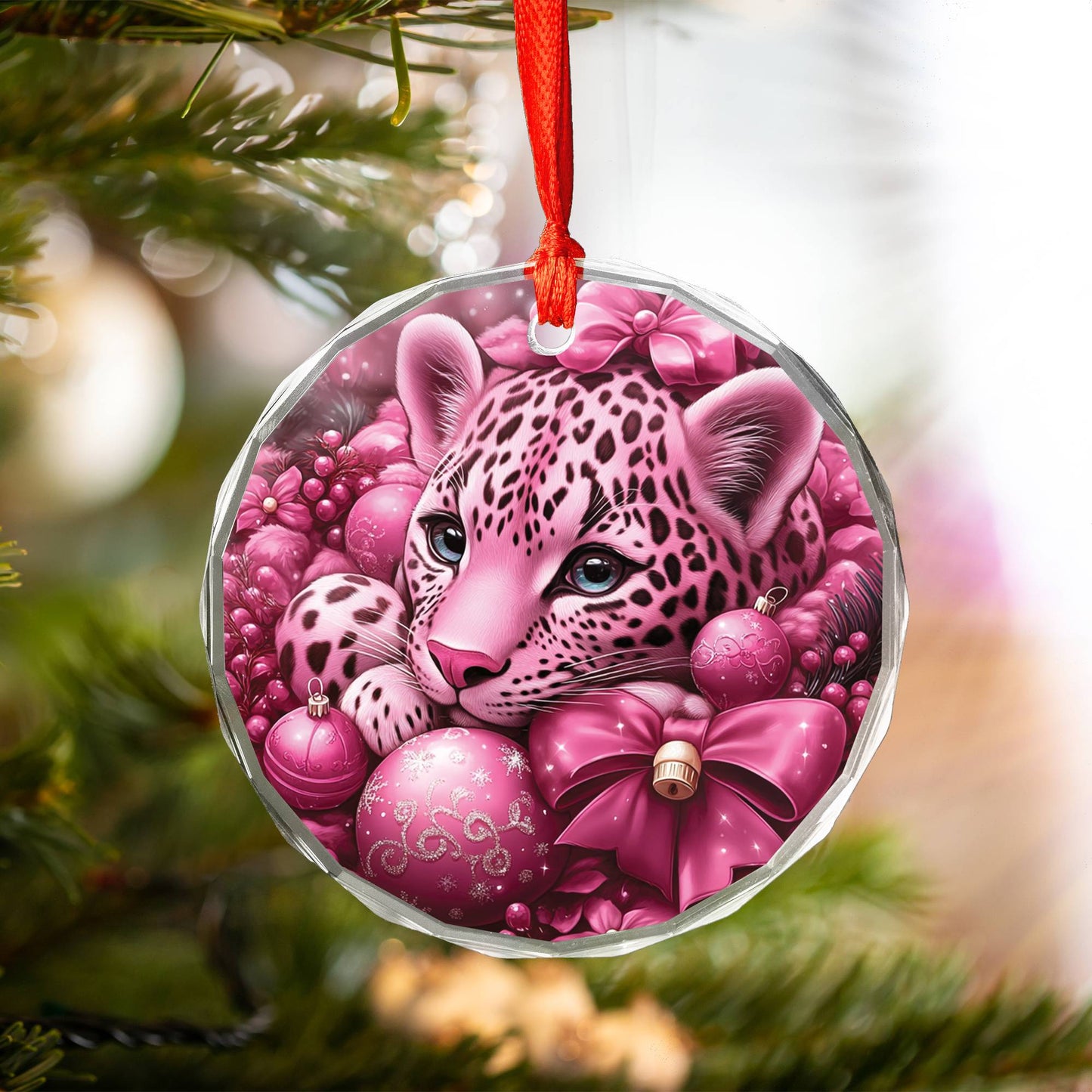 Leopard Pink Christmas Design 3 Glass Ornament