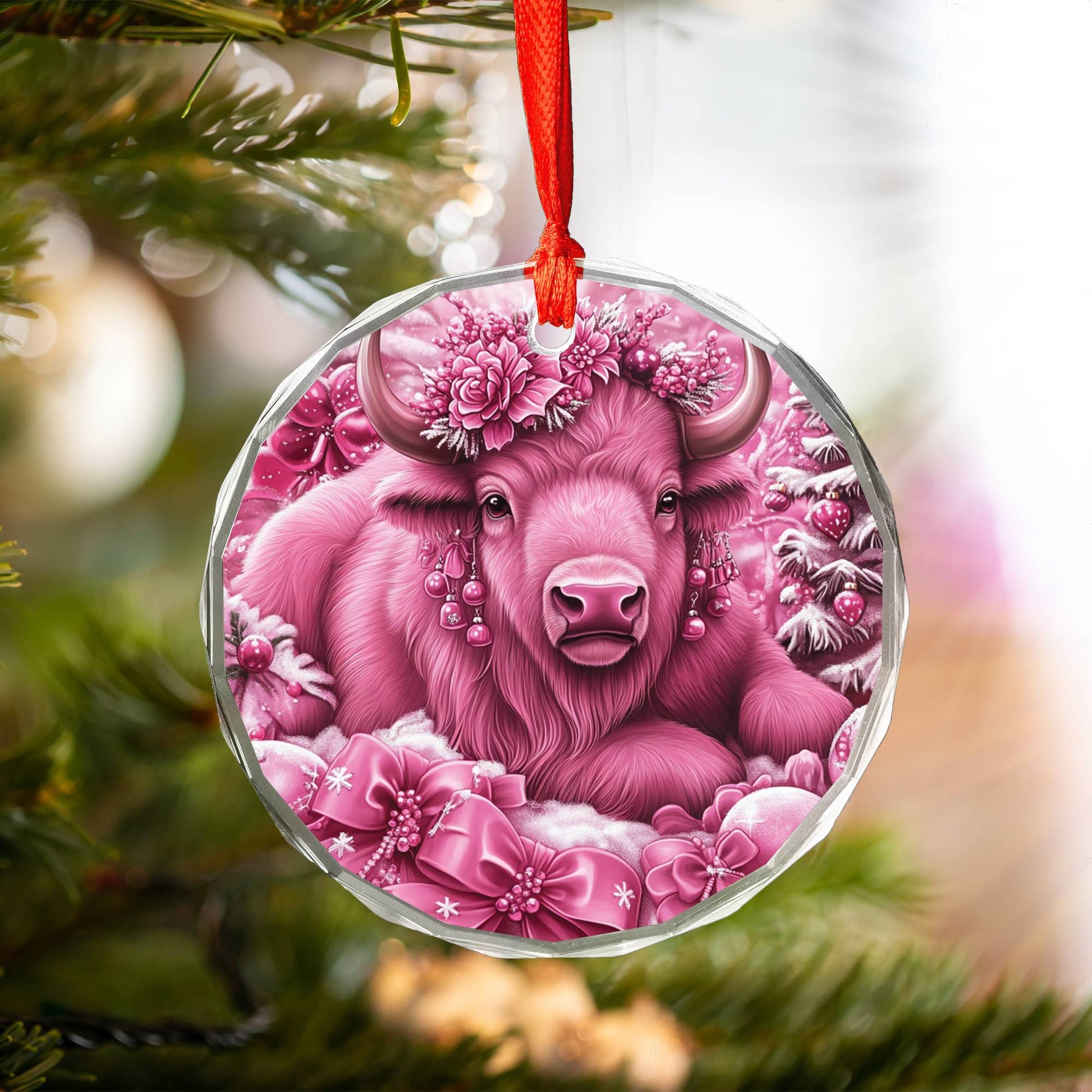 Bison Pink Christmas Design 1 Glass Ornament