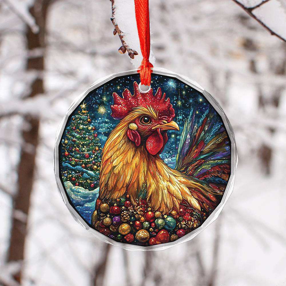 Beautiful Rooster Christmas Night Design 1 Glass Ornament